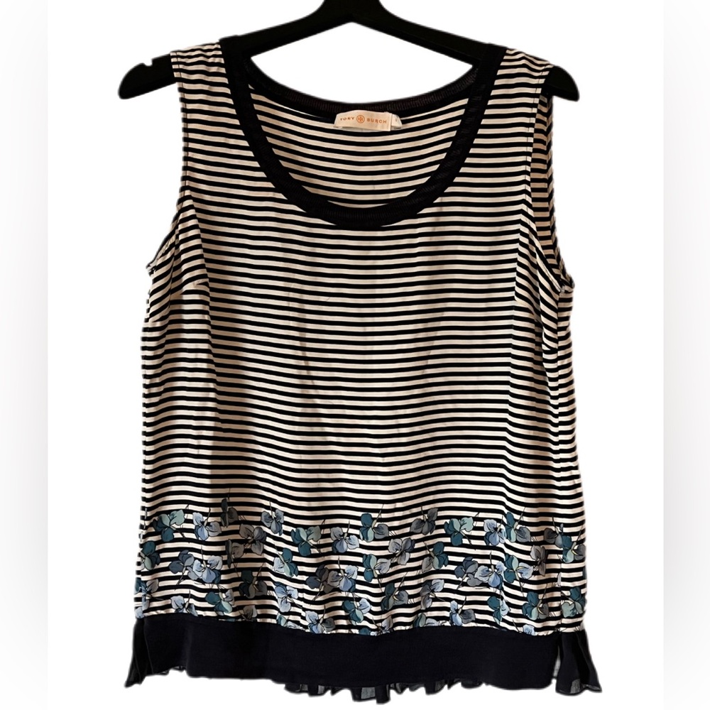 Tory Burch tank blouse 100% silk, Size 8, striped, blue floral, ruffle hem EUC